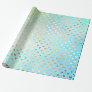 Papier Cadeau Coeurs Monnaie Métallique Aqua Océan Bleu Or Faux