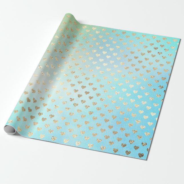 Papier Cadeau Coeurs Monnaie Métallique Aqua Océan Bleu Or Faux (Déroulé)