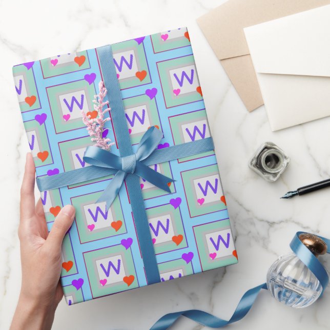 Papier Cadeau Coeurs monogrammes amusants Turquoise, rose, viole (Cadeaux)