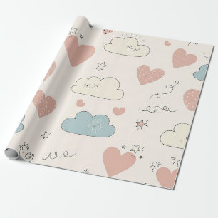 Papier Cadeau Cœurs pastel et nuages Aquarelle Rêve (10)