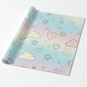 Papier Cadeau Cœurs pastel et nuages Aquarelle Rêve (8)