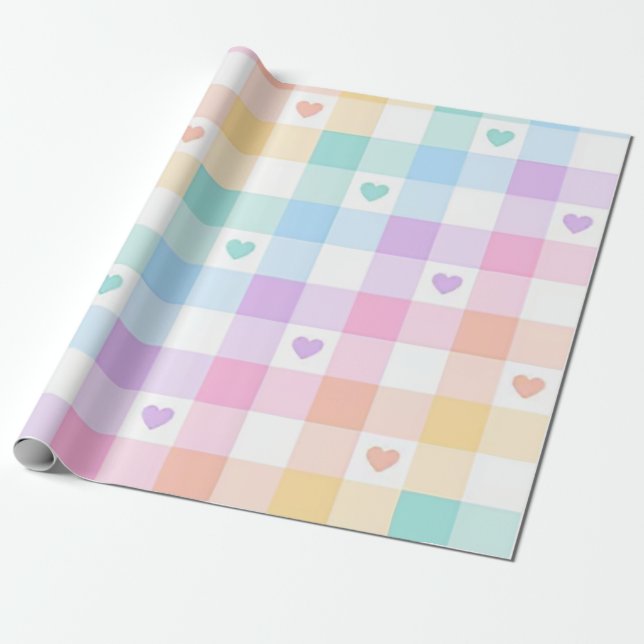 Papier Cadeau Coeurs Pastel Plaid Multicolores (Déroulé)