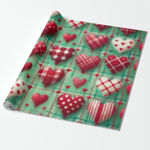 Papier Cadeau Cœurs piqués de Noël Vert Rouge Blanc