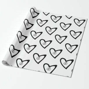 Papier Cadeau Coeurs romantiques Anneaux Motif noir Mariage nupt