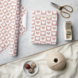 Papier Cadeau Coeurs rose Gold Checkerboard Motif Valentine's