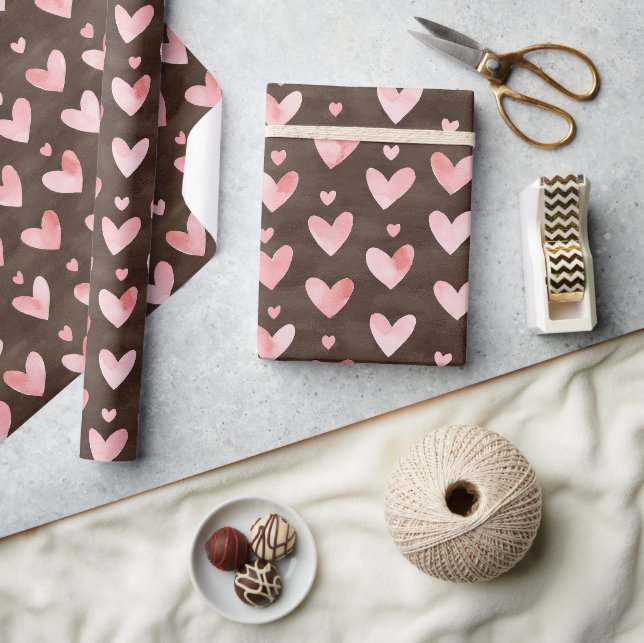 Papier Cadeau Cœurs roses Cacao brun Anniversaire (Artisanat)