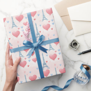 Papier Cadeau Coeurs roses Chic Tour Eiffel Paris Français