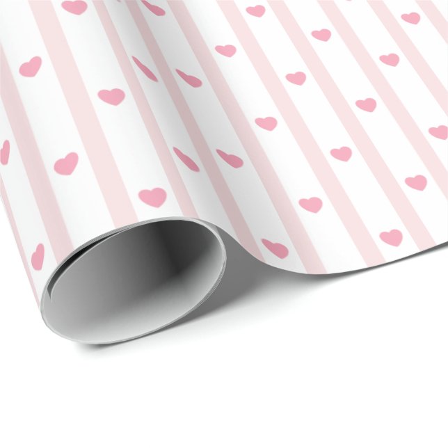 Papier Cadeau Cœurs roses, rayures, anniversaire, Saint-Valentin (Coin rond)