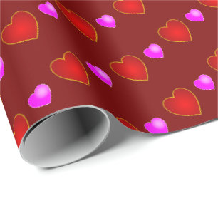 Papier Cadeau Coeurs roses rouges sur rouge foncé riche