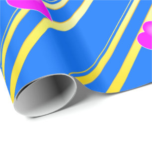 Papier Cadeau Coeurs roses sur Bleu Arrière - plan Gold Stripes