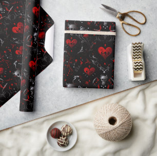 Papier Cadeau Cœurs rouges gothiques et crânes gris