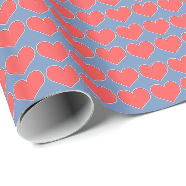 Papier Cadeau Coeurs rouges sur Motif bleu (Coin rond)