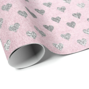 Papier Cadeau Coeurs Silver Glam rose rose pastel brillant