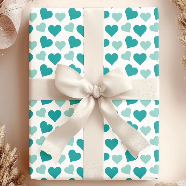 Papier Cadeau Coeurs Turquoises charmants sur papier d'enveloppe (Créateur téléchargé)