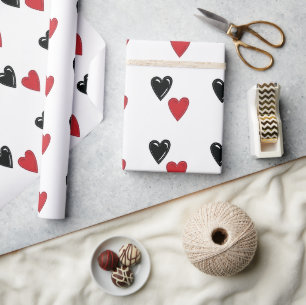 Papier Cadeau Coeurs Valentin rouge et noir sur blanc