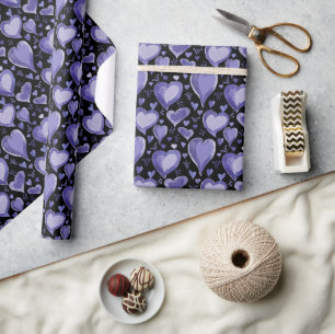 Papier Cadeau Coeurs violets sur dessin Motif noir