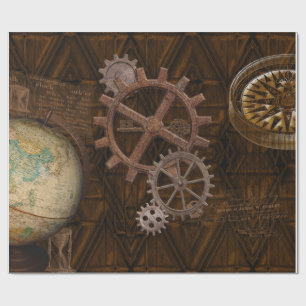 Papier Cadeau Cogs Steampunk, Gears & World Globe Design