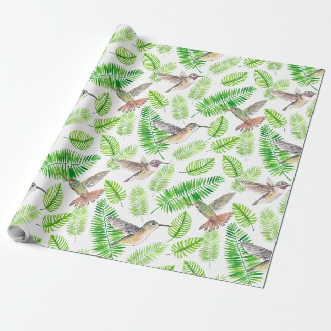 Papier Cadeau Colibris et feuilles tropicaux (Déroulé)