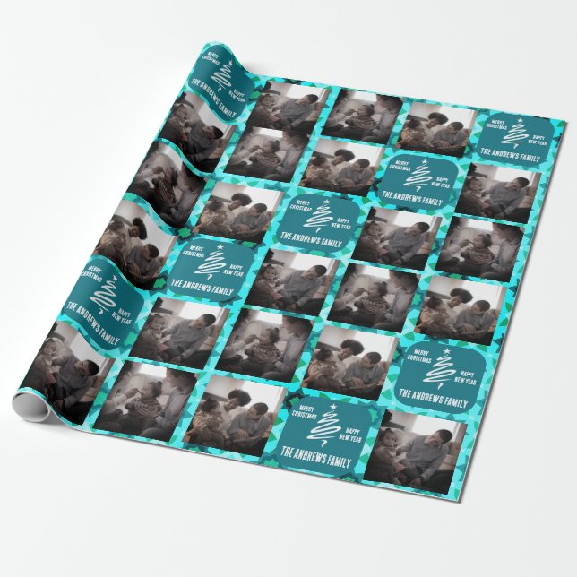 Papier Cadeau Collage de Noël Famille Photo géométrique Turquois (Déroulé)