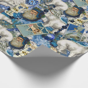 Papier Cadeau Collage de Noël victorien bleu