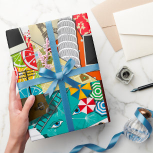 Papier Cadeau Collage de voyage avec des sites touristiques embl