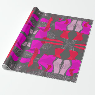 Papier Cadeau Collage égyptien psychédélique : Fuchsia Red Grey