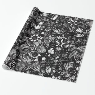 Papier Cadeau Collage floral dessiné noir et blanc moderne