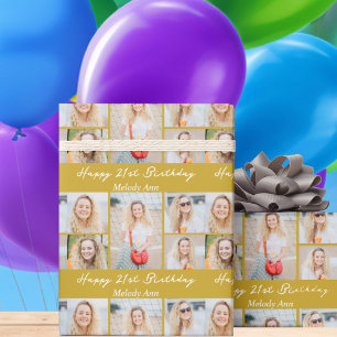 Papier Cadeau Collage photo d'anniversaire en or chic