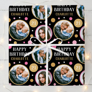 Papier Cadeau Collage photo d'anniversaire tout âge 21 ans rose