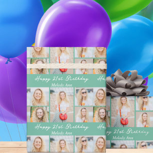 Papier Cadeau Collage photo d'anniversaire vert mousse chic