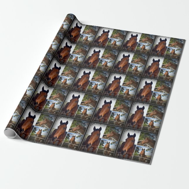 Papier Cadeau Collage photo de cheval Brown, Papier d'enveloppem (Déroulé)