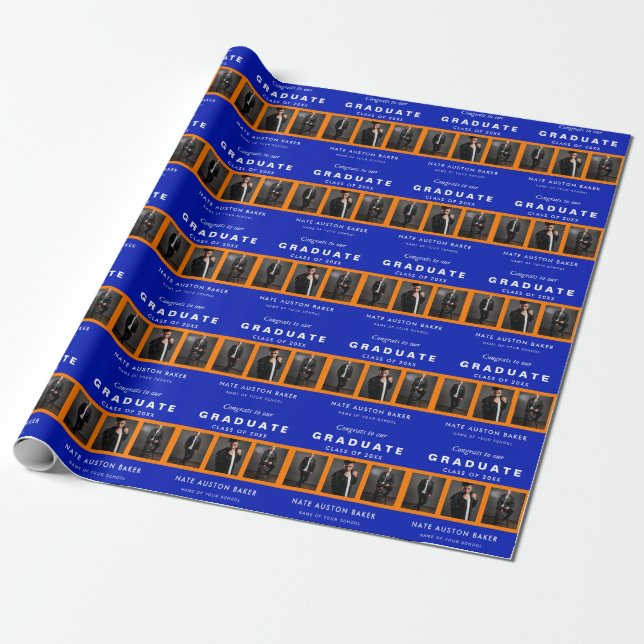 Papier Cadeau Collage photo de la graduation orange et bleu (Déroulé)
