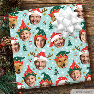 Papier Cadeau Collage photo de Noël Visage drôle festif Bleu