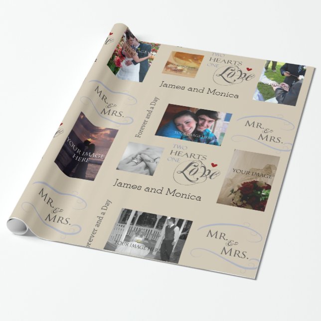 Papier Cadeau Collage photo Mariage personnalisé avec CustomText (Déroulé)