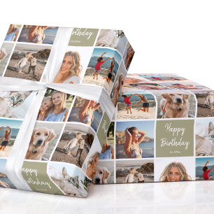Papier Cadeau Collage photo personnalisé Anniversaire Vert moder