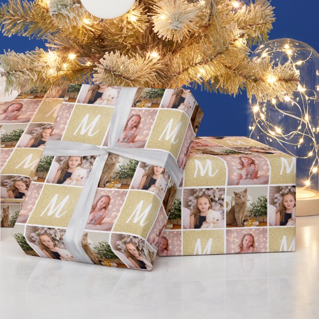 Papier Cadeau Collage photo personnalisé Monogramme Or de Noël (Vacances)