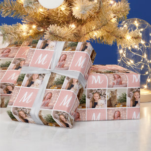 Papier Cadeau Collage photo personnalisé Monogramme Rose de Noël