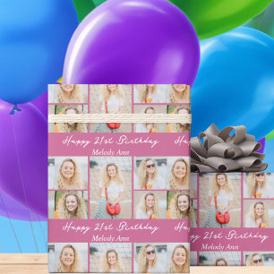 Papier Cadeau Collage photo personnalisé rose Joyeux Anniversair