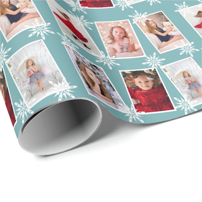 Papier Cadeau Collage photo personnalisé Snowflakes de Noël (Coin rond)