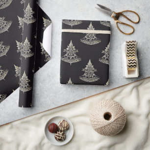 Papier Cadeau Collection de minuit Arbres en argent sur noir