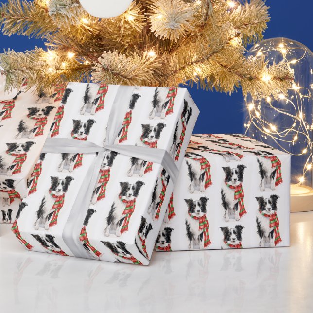 Papier Cadeau Collie de la frontière de Noël avec l'écharpe (Vacances)
