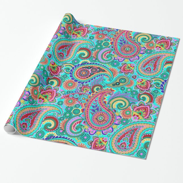 Papier Cadeau Coloré Retro Paisley Motif (Déroulé)