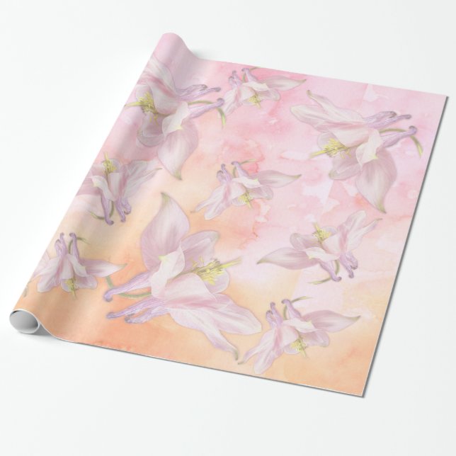 PAPIER CADEAU COLUMBINE ROSE FLEURS D'EAU COULEUR SPLASH (Déroulé)