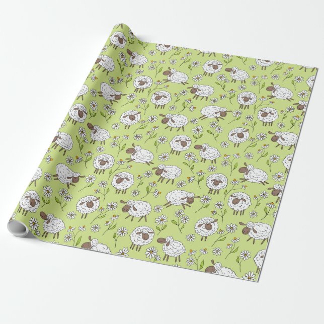 Papier Cadeau Compter les moutons sur le vert de rosée miel (Déroulé)