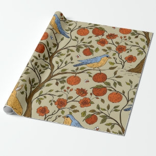 Papier Cadeau Conception d'arbres bruns avec des pommes oranges 