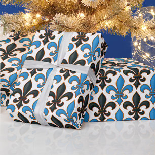 Papier Cadeau Conception de motif baroque fleur de lis noir bleu