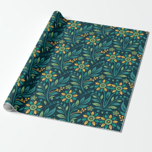 Papier Cadeau Conception de motif floral élégant jaune et sarcel