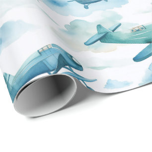 Papier Cadeau Conception de nurserie d'avion bleu aquarelle, cie