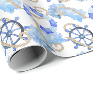 Papier Cadeau Conception nautique d'aquarelle bleue avec