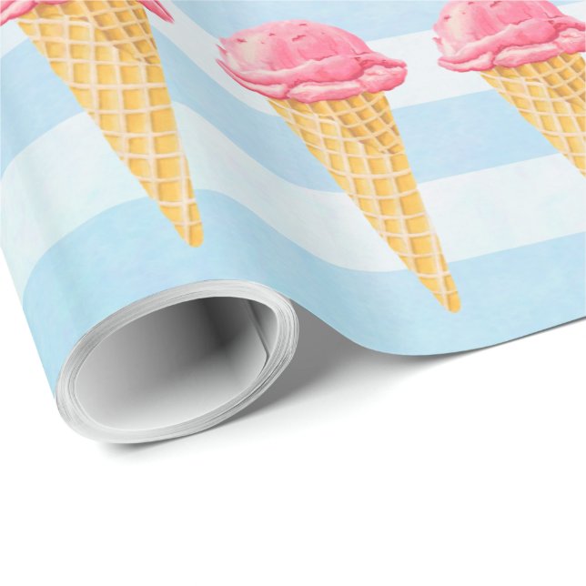 Papier Cadeau Cône De Crème De Glace Aux Fraises Bleues (Coin rond)